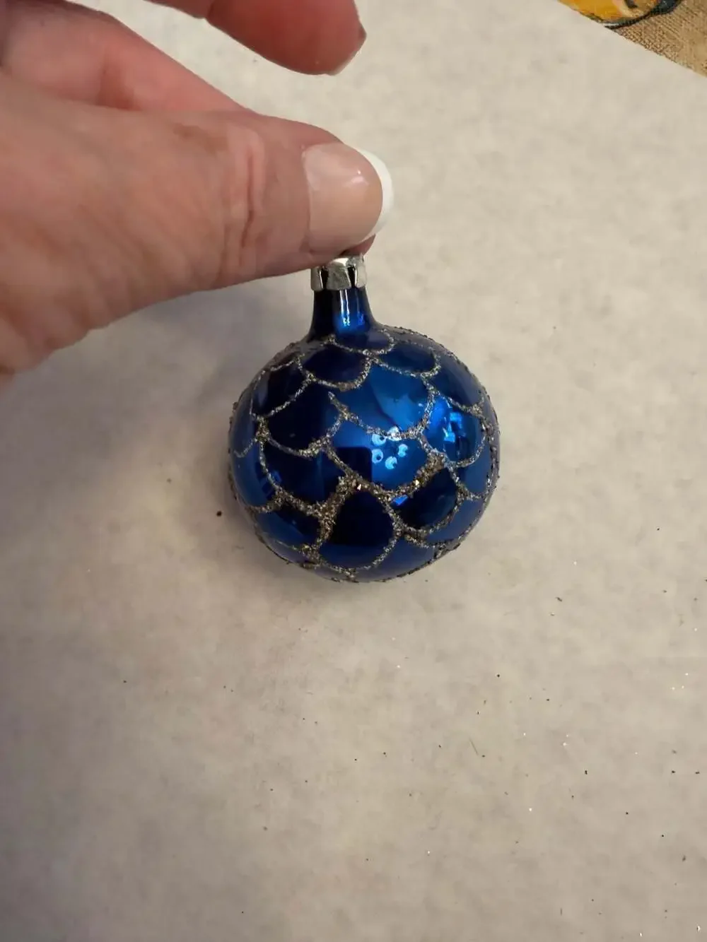 Vtg Blue Glass Christmas Ball Ornament with Silver Glitter Fish Scale Pattern
